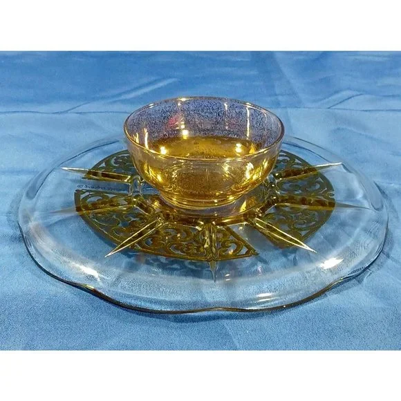 Georges Briard Signed Gold Scroll Encrusted Glass Pedestal Cake Plate Stand - Picture 6 of 7